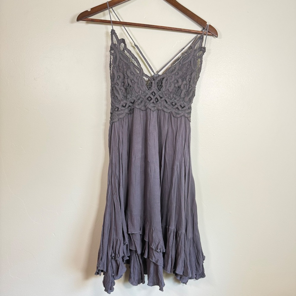 Free People Adella Crochet Lace Boho Ruffle Slip Dress Size Small Gray